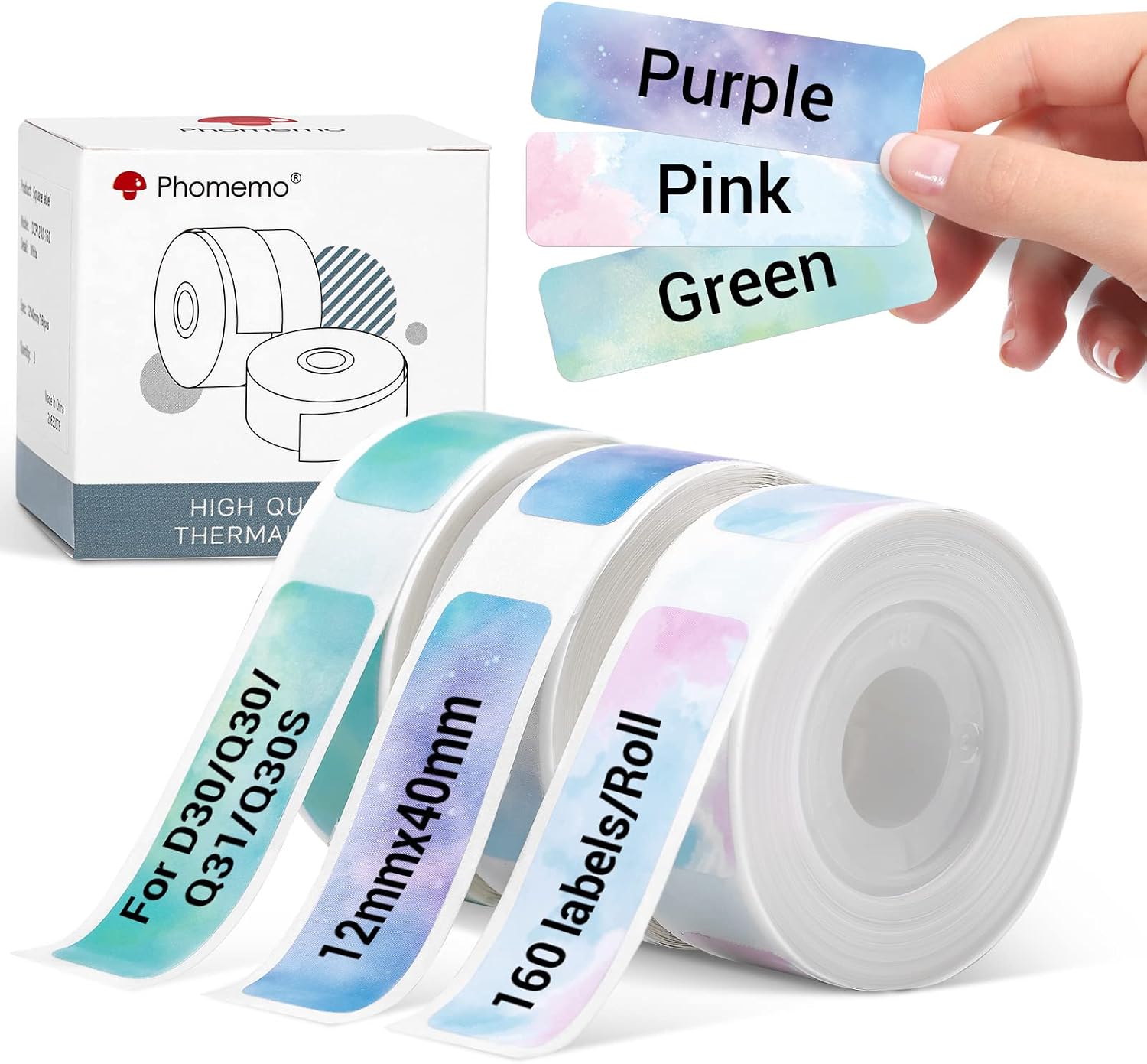 Phomemo Farbetiketten für D30 Q30 Etikettendrucker, Kompatibel mit Colorwing Q30, Phomemo D30/Q31/Q30S Etikettiergerät, 14 × 50mm (Gelb/Rosa/Blau) Etiketten mit 130 Etiketten/Rolle, 3 Rollen