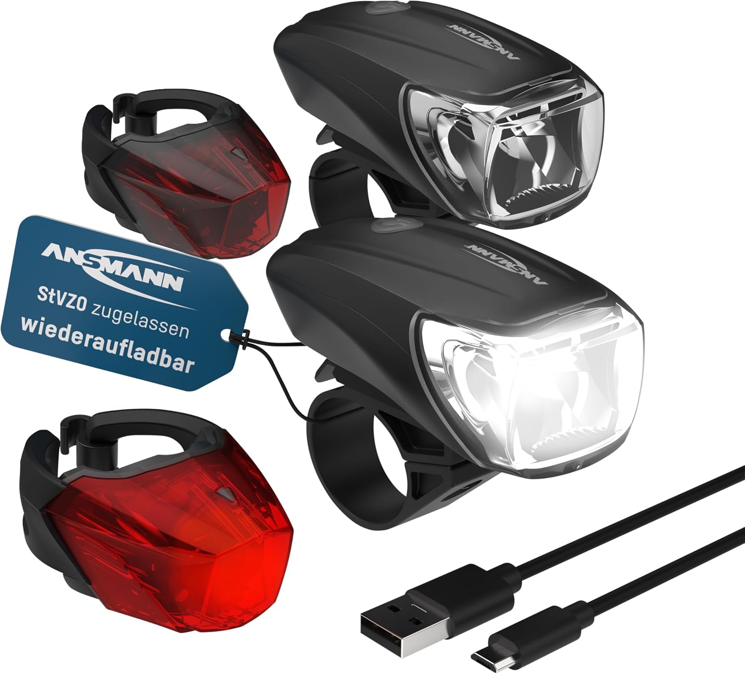 ANSMANN Fahrradlicht 2er Bundle Set StVZO zugelassen mit CREE LED, 140 m Leuchtweite 35 Lux 170 Lumen IPX4 Akkubetrieben aufladbar über USB Vorderlicht & Rücklicht