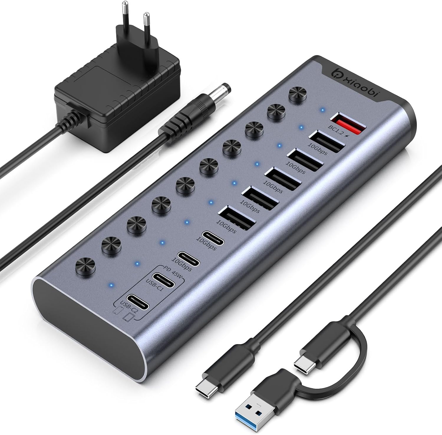Aktiver USB-Hub mit individuellen Schaltern und 24V/3A-Netzteil(Grau)