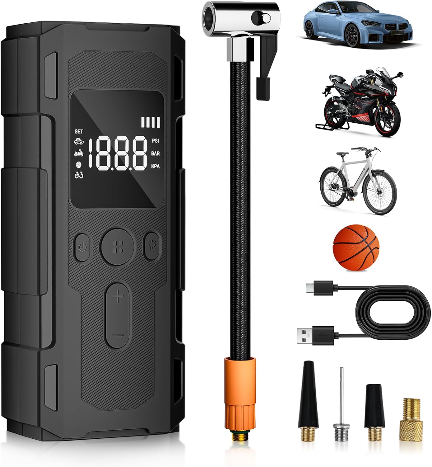 Elektrische Luftpumpe, 6000mAh Fahrradpumpe Elektrisch 150PSI/10,3 bar mit LED-Anzeige & Licht, Akku-Luftpumpe für E-Bike/Auto/Motorrad/Bälle