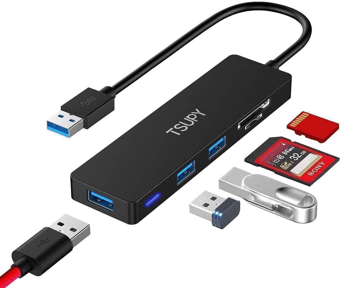 TSUPY USB 3.0 Hub 5-in-1, 1.2m Kabel, 3X USB 3.0 + SD/TF, für Laptop/PC