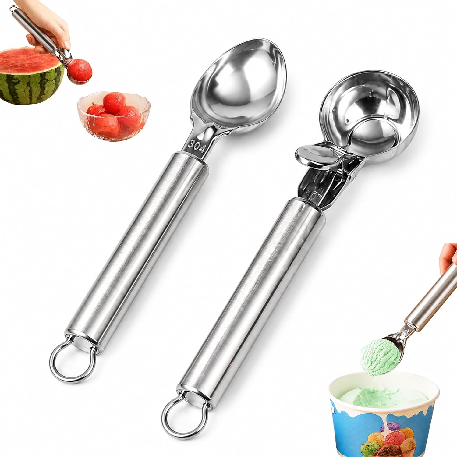 2 Stück Eisportionierer Edelstahl 304, Eislöffel mit Rutschfester Griff, Eislöffel Portionierer Antihaft, Spülmaschinenfest Eiskugelportionierer für Eiscreme, Gelato, Melone & Backen (Sliber)