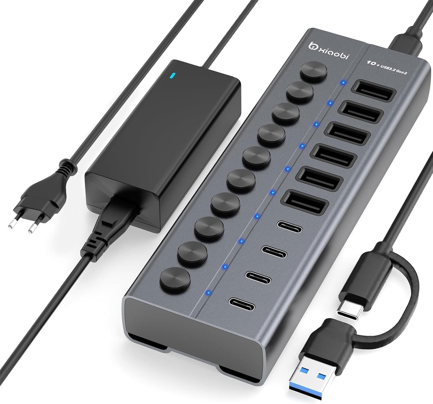 Aktiver USB‑Hub, 10‑Port‑USB‑C‑Hub mit 6×USB‑A 3.2 und 4×USB‑C 3.2