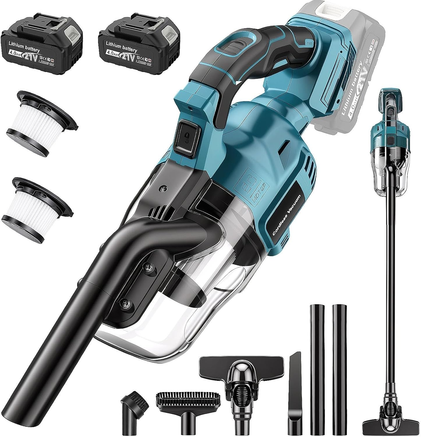 Akku Staubsauger Kompatibel mit Makita 18V,5-in-1 Handstaubsauger mit 2 x 4.0Ah Akku Ladegerät,16000Pa Starke Saugleistung,400W Motor,HEPA Filter,LED-Licht für Teppich,Hartboden,Möbel Auto