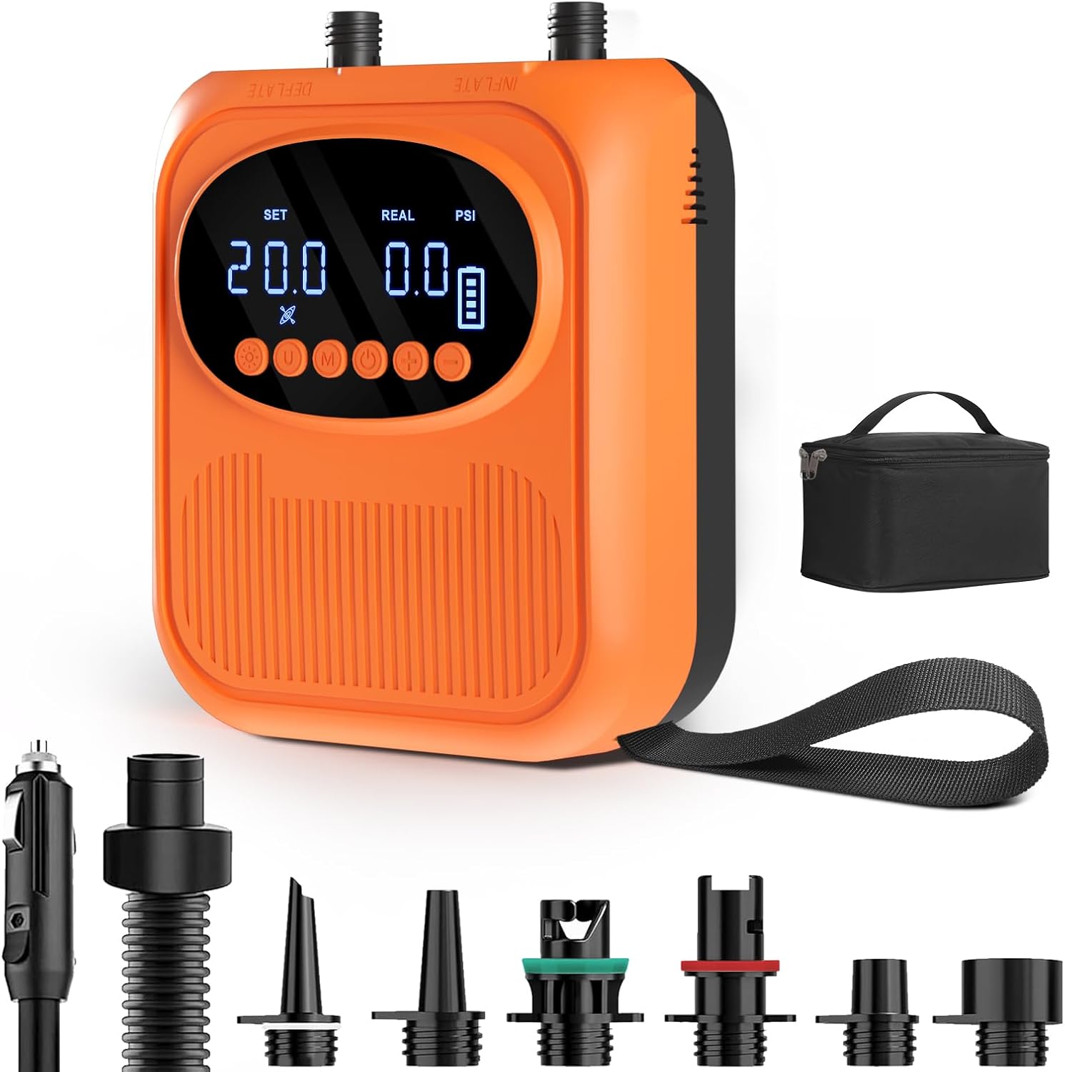 Mojimdo Elektrische SUP Pumpe 20 PSI mit Licht, Kabellos Wiederaufladbar, 5 Modi & Custom Modus, Duale Schnellinflation, Auto-Off & 12V Autoladung, Luftpumpe für SUP, Kajak, Zelt, Luftmatratze