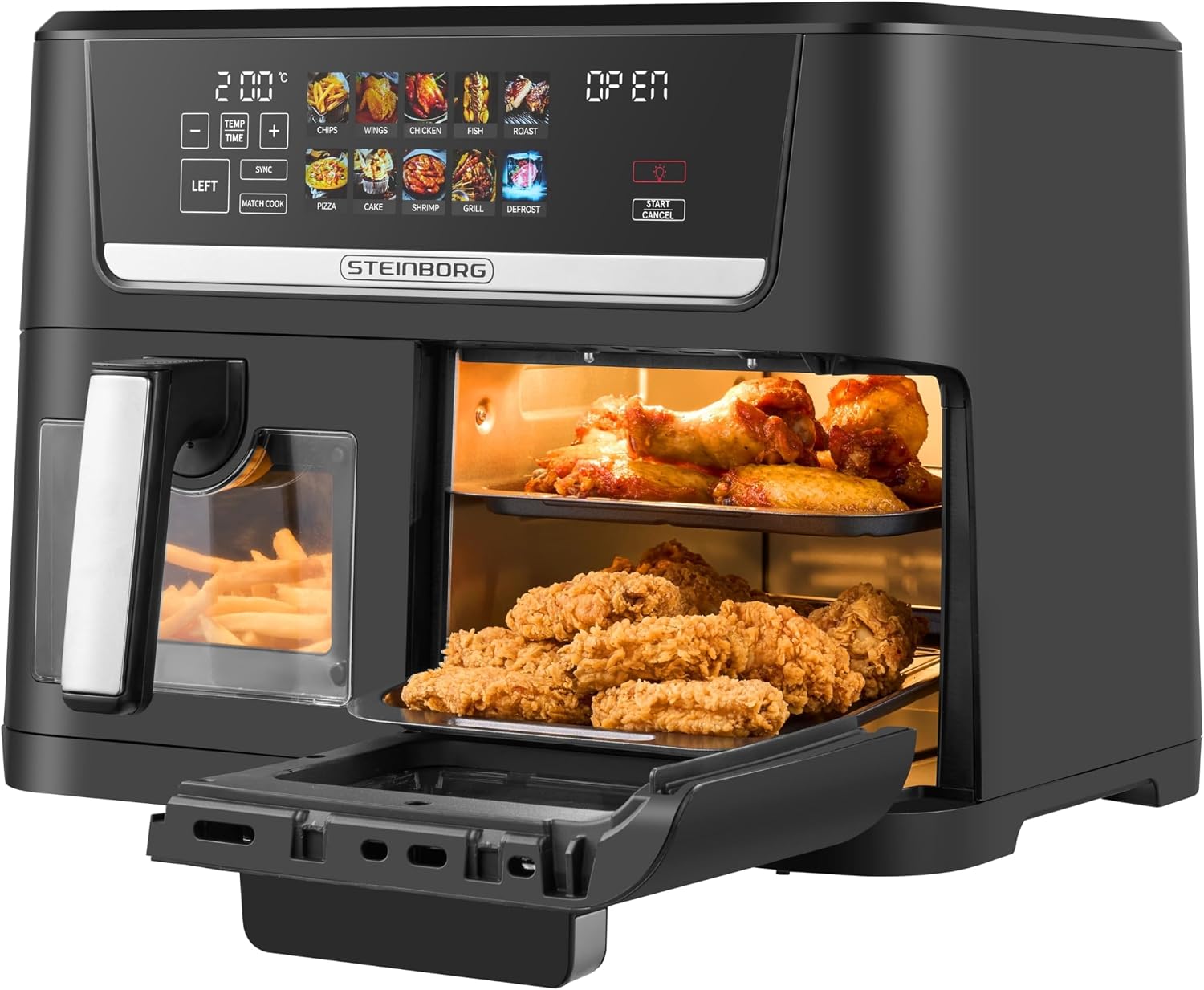 Steinborg® XXL Heißluftfritteuse Dual Zone 14 Liter (8L + 6L) Air Fryer 1700W mit 2 Kammern & 2 unabhängigen Garzonen, Digital Display 10 Programme 60–200°C ohne Öl frittieren Spülmaschinenfester Korb