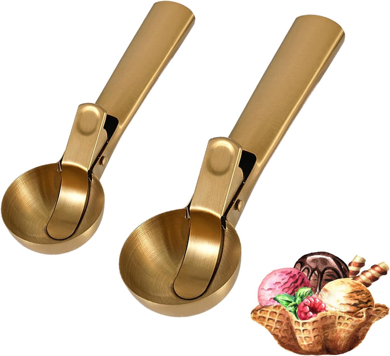 2er-Set Eiskugelportionierer, tragbarer Eiskugelportionierer aus Edelstahl, Eiskugelportionierer mit Auslösehebel für selbstgemachtes Eis, Obstportionierer (2 Stück – Gold)
