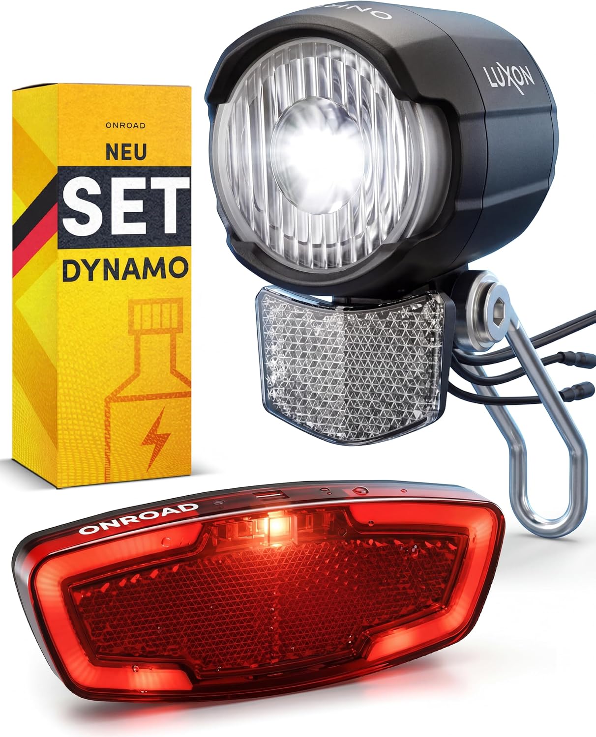 LED Fahrradlicht Dynamo 70 Lux - Fahrradlicht Set LUXON mit sehr hellem Licht & Standlicht - Ohne Akku Immer Einsatzbereit ideal für Alltag, Pendler, Stadtverkehr, für Naben- & Seitendynamo