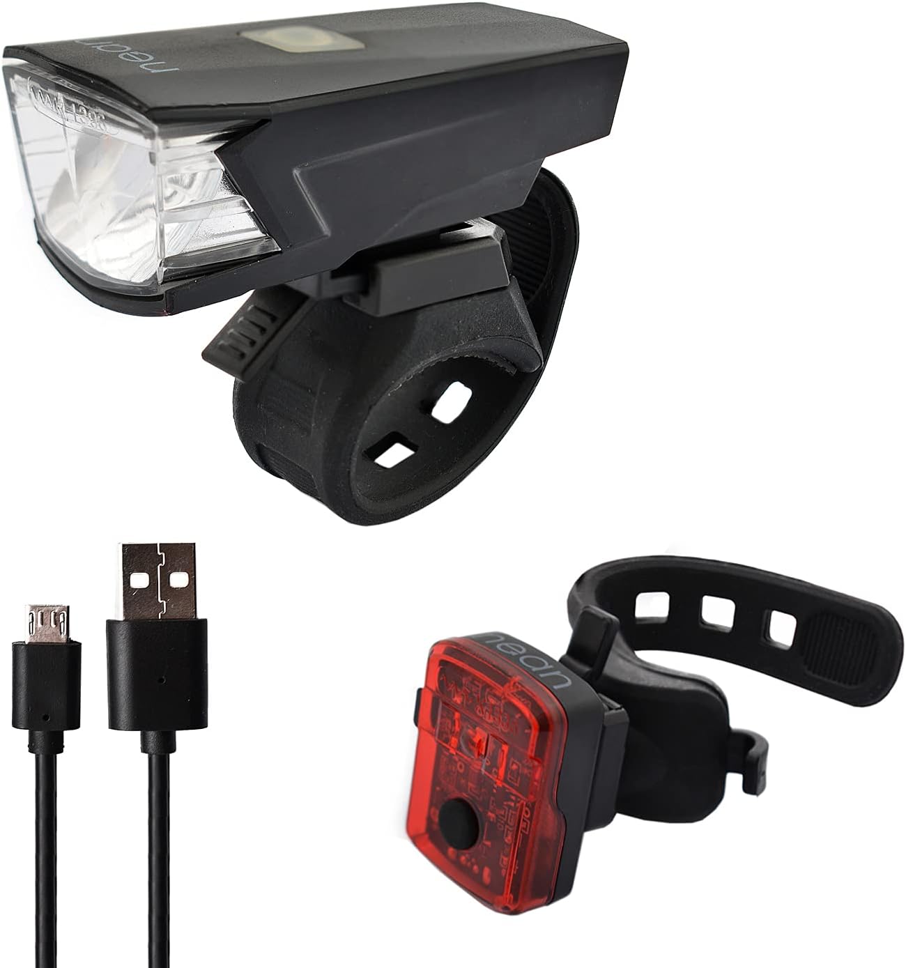 nean LED Akku Fahrradlicht Beleuchtungsset mit StVZO, 30 LUX 5 Candela, Fahrradlampe, Fahrrad Frontlicht, Fahrradleuchte vorne, Scheinwerfer, Fahrrad, Lampe, Rücklicht, Rückleuchte, Rückstrahler