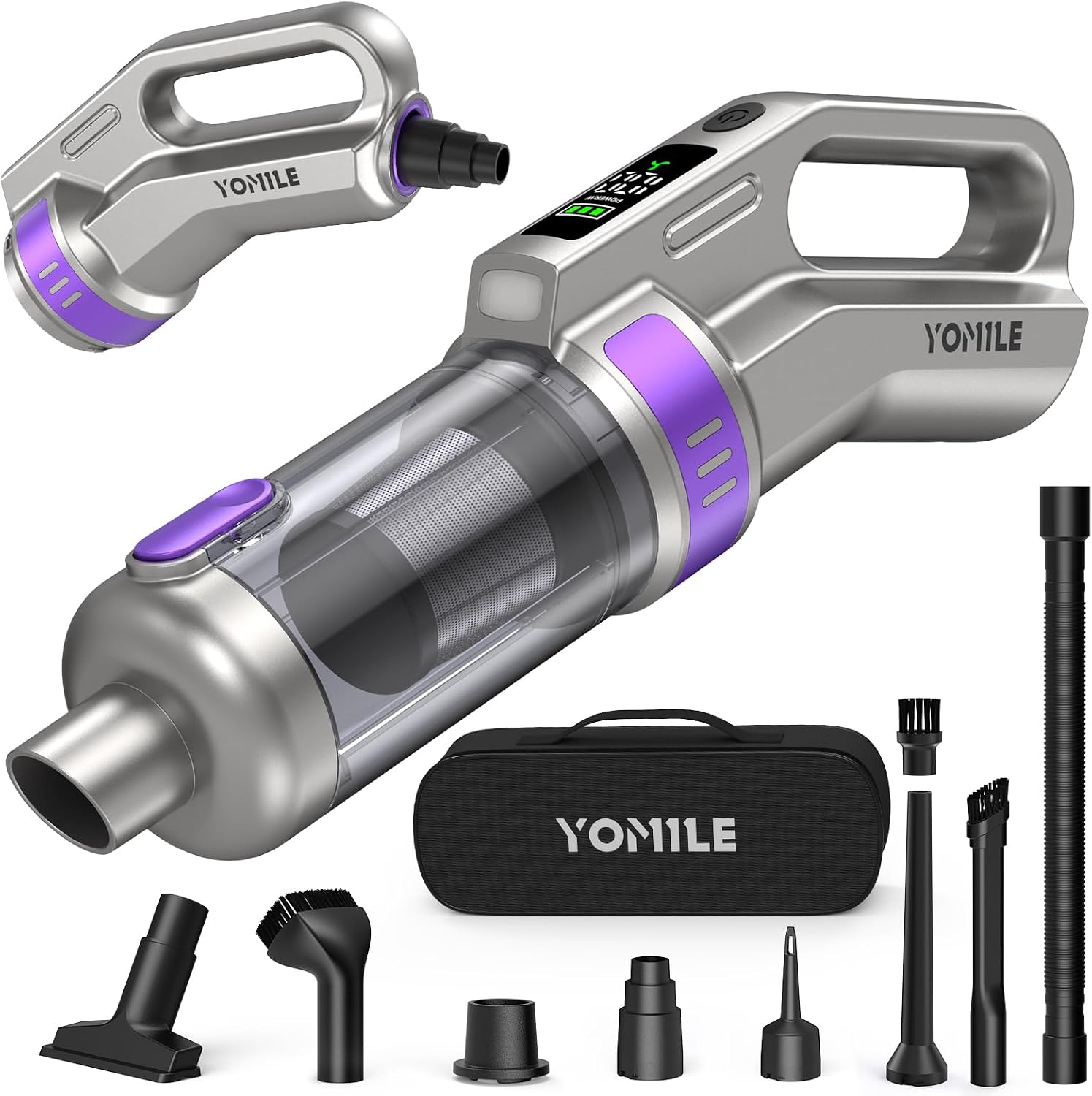 Yomile Handstaubsauger Akku 35 kPa 4-in-1 mit 150 W Brushless-Motor und Staubgebläse bis 300.000 U/min, kabelloser Autostaubsauger mit 9000 mAh, 18 W USB-C-Schnellladung und 0,35 L Staubbehälter