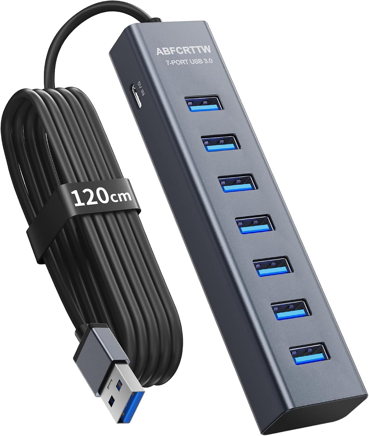 7-Port USB Hub 3.0 mit 120cm Kabel für Desktop, Aluminium USB Verteiler 5Gbps Multiport Adapter Splitter mit 5V 3A Type-C Port für PC, Laptop, MacBook, U-Disk, Maus