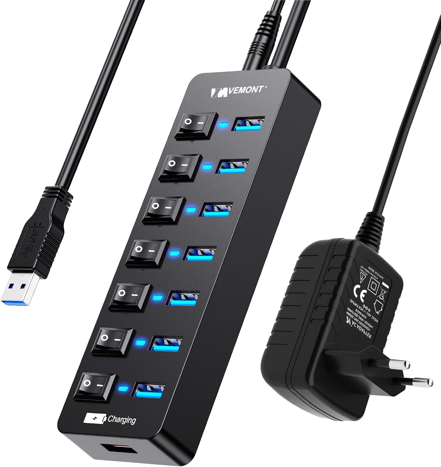 USB Hub Aktiv 3.0 mit Netzteil, VEMONT 11 Ports USB Verteiler mit 12V/3A