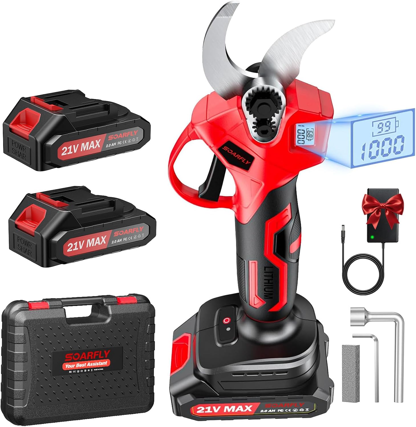 SOARFLY Akku Astschere, Akku Gartenschere mit 2x2000mAh Batterien, 35mm Maximaler Schnittdurchmesser, Brushless Motor mit LCD Display und Energiesparfunktion für Garten und Obstbäume (Rot)