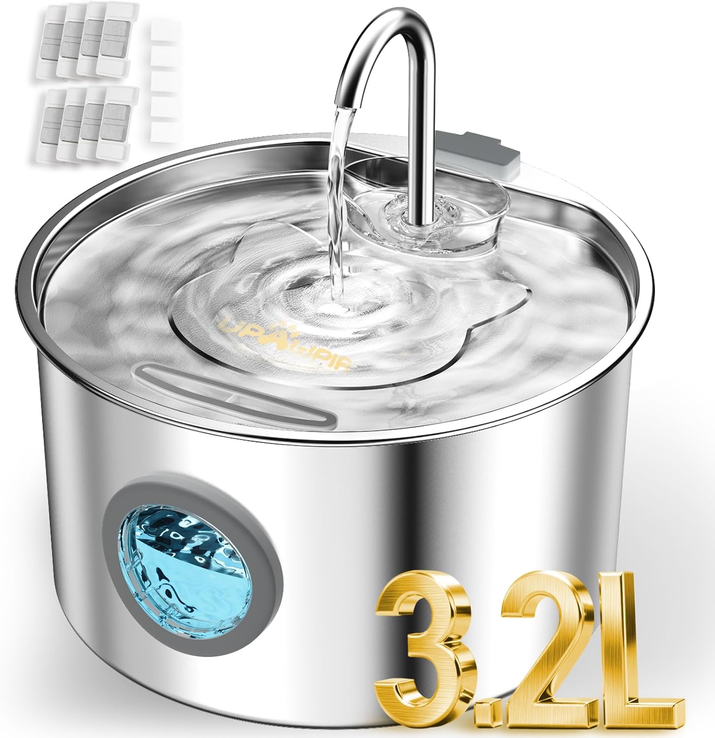 3.2L Katzenbrunnen Edelstahl mit 8 Filtern Trinkbrunnen für Katze Katzenbrunnen für Katzen mit Wasserstandsfenster Ultra leise Wasserbrunnen für Katzen Cat Water Fountain mit LED Licht
