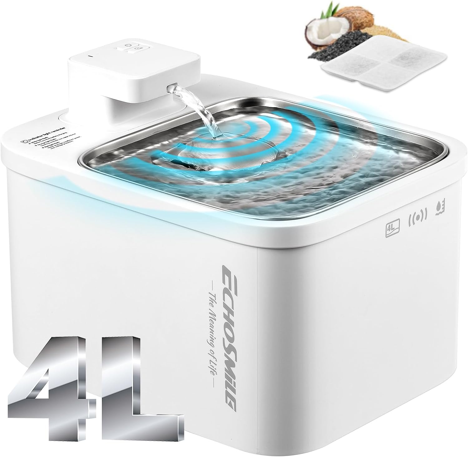EchoSmile 4L Trinkbrunnen für Katze Hunde Kabellos, Katzenbrunnen mit 5200mAh Wiederaufladbarer Akku, Tablett aus Edelstahl, Leise Wasserpumpe, Mehrschichtiges Filtersystem