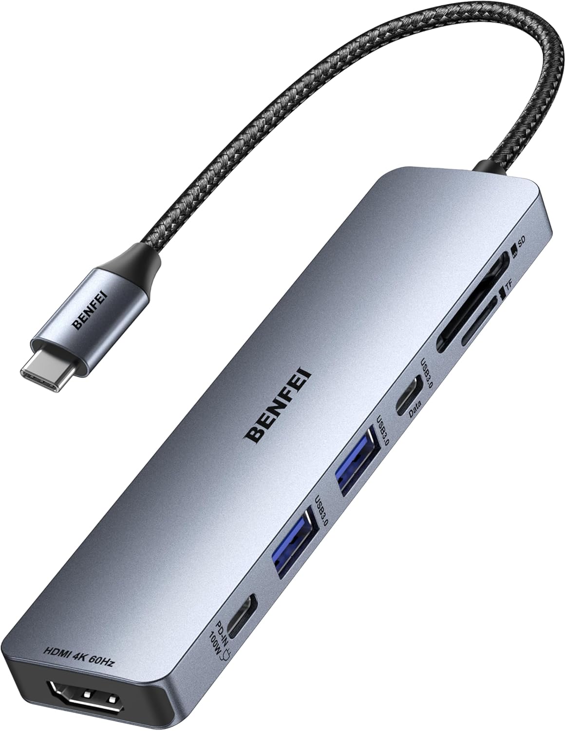 BENFEI 7-in-1 USB C Hub mit HDMI 4K@60Hz, 2 USB-A, 1 USB-C Daten, 100W Aufladung, SD/TF Kartenleser [verwicklungsfreies Silikonkabel] für MacBook Pro/Air, iPad Pro, iMac, iPhone 15 Pro/Pro Max