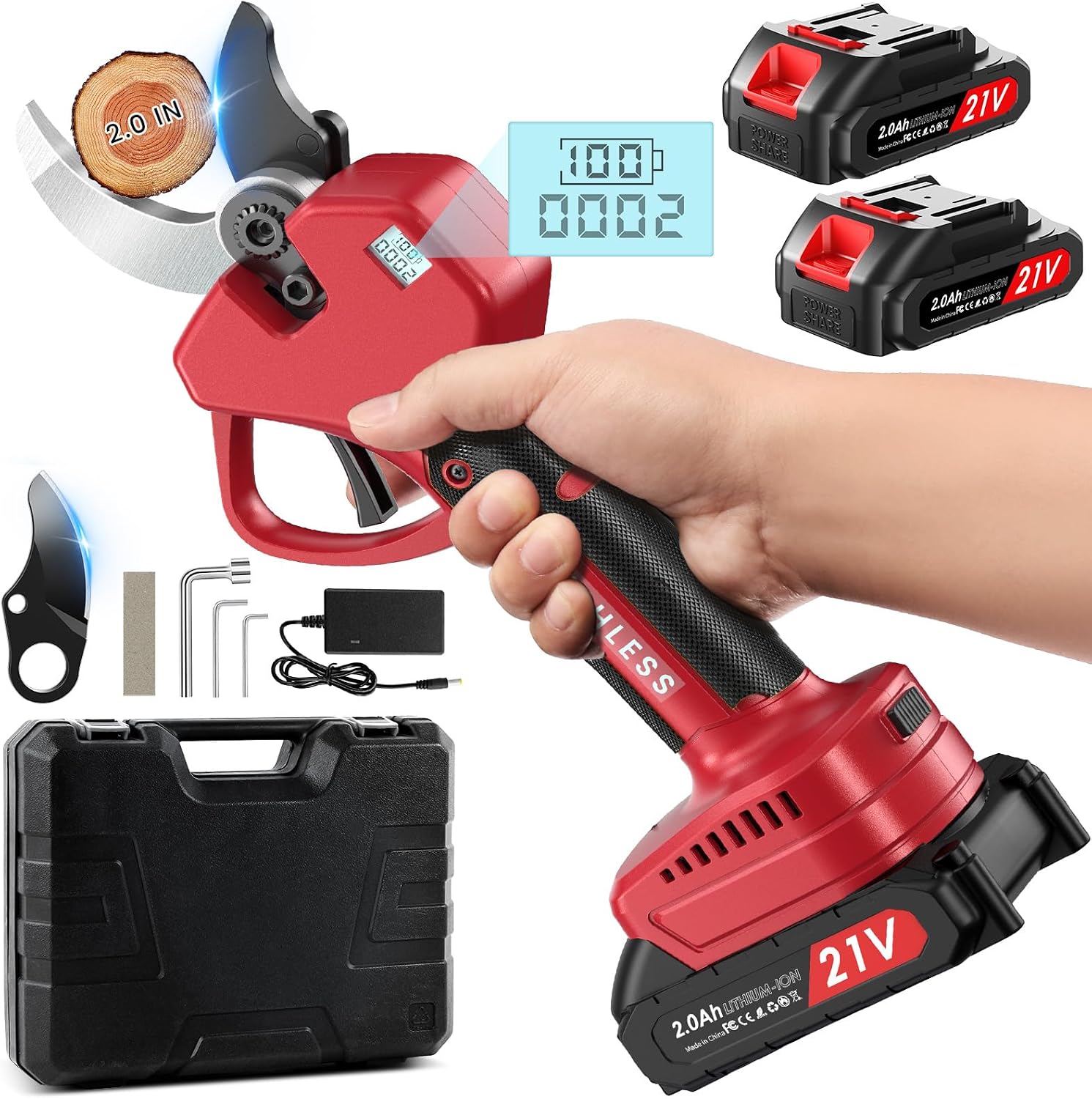 Akku Astschere Akku Gartenschere, Max 50MM Professionelle Elektrische Gartenschere mit LCD-Display & 2x 21V 2000mAh Batterien,6-12 Arbeitsstunden,900W Bürstenlosem Motor für Gartenarbeit, Obstbäume