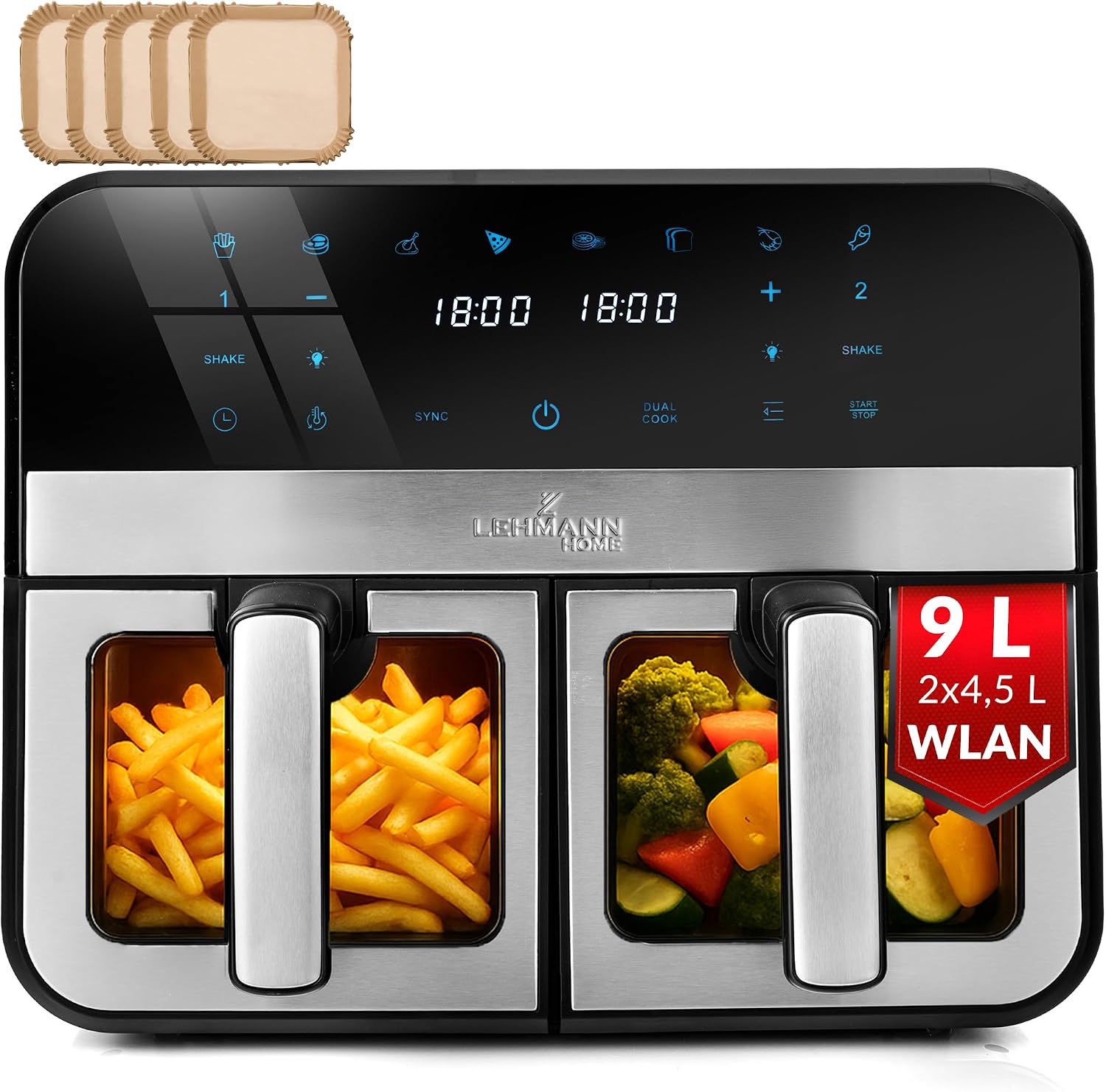 LEHMANN Heißluftfritteuse 2 Kammern 9 L, 2x 4,5 L Schublade mit Sichtfenster, Touchscreen und WLAN-App-Steuerung, 80-200°C, 12 Programmen, energiesparend, XXL Air Fryer Doppelkammer für Familien