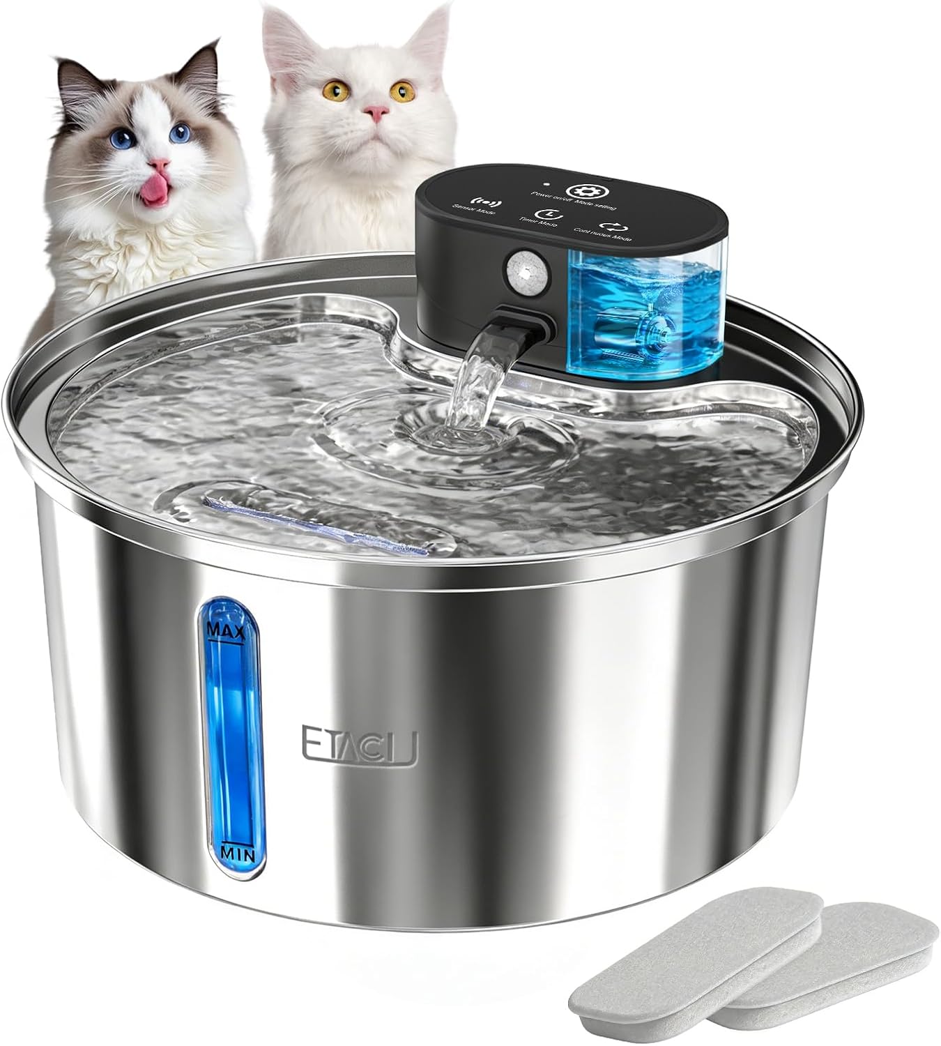 ETACCU Trinkbrunnen für Katze Kabellos, 3.2L Katzenbrunnen Edelstahl mit 3m Bewegungsmelder, 5000mAh Batteriebetrieben, Leise Wasserpumpe, Katzenbrunnen für Katzen und kleine Hunde