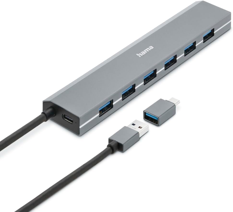Hama USB-Hub 4 Ports (USB-A und USB-C-Anschluss, mit Netzteil, Aluminium