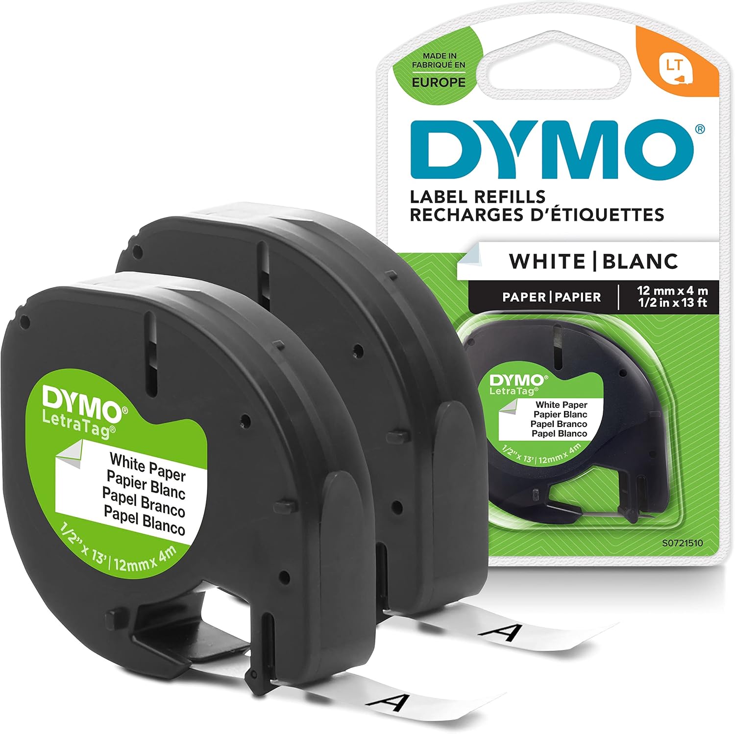 DYMO Original LetraTag Papier Etikettenband | schwarz auf weiß | 12 mm x 4 m | selbstklebendes Schriftband | für LetraTag-Beschriftungsgerät | 2 Etikettenkassetten