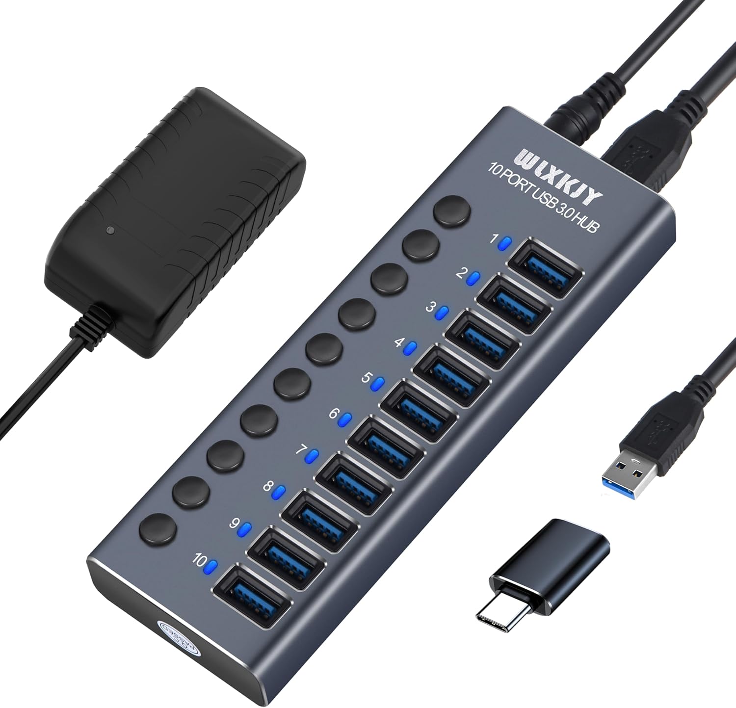 USB 3.0 Verteiler Hub mit 36W externem Stromadapter, massives Aluminium Gehäuse, 4 Ports mit individuellen Schaltern, Multiport USB Hub für Laptop, Desktop-Computer, Notebook