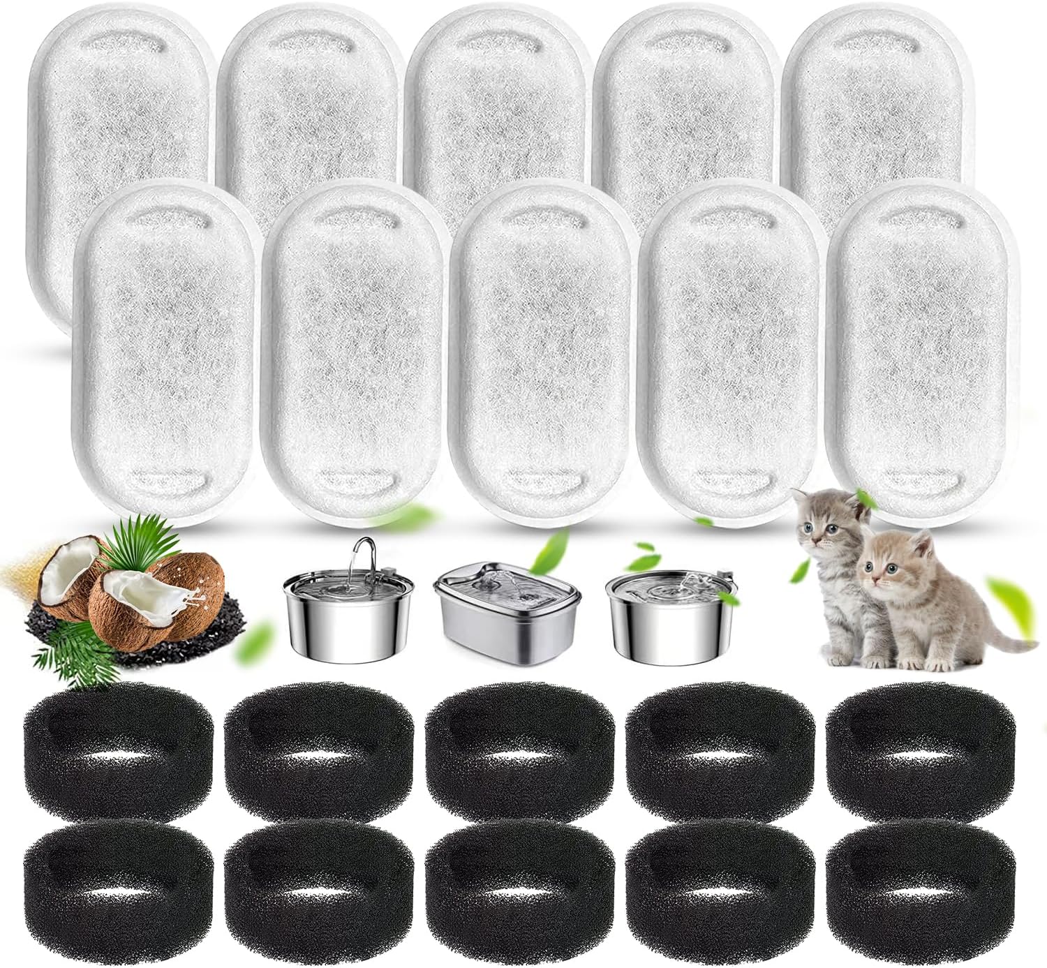 20 Stück Katzenbrunnen Filter, einschließlich 10 Stück Kohlefilter und 10 Stück Schaumstoffschwamm, für eine Vielzahl von Katzenbrunnen aus Edelstahl