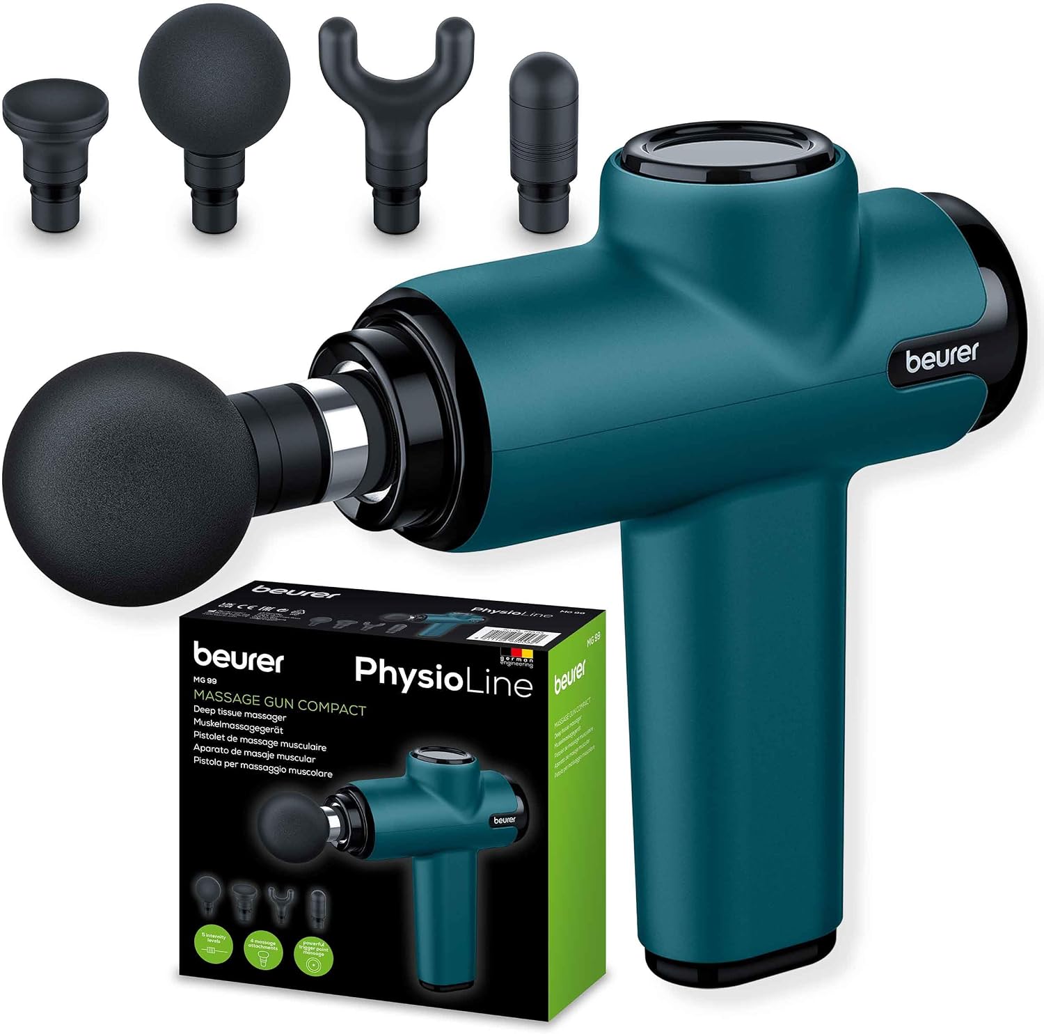 Beurer MG 99 Massagepistole, handliche Massage Gun mit 4 Aufsätzen, kraftvolle Triggerpunktmassage, Lockerung von Verspannungen, kompaktes Muskelmassagegerät mit 5 Intensitätsstufen & Akku