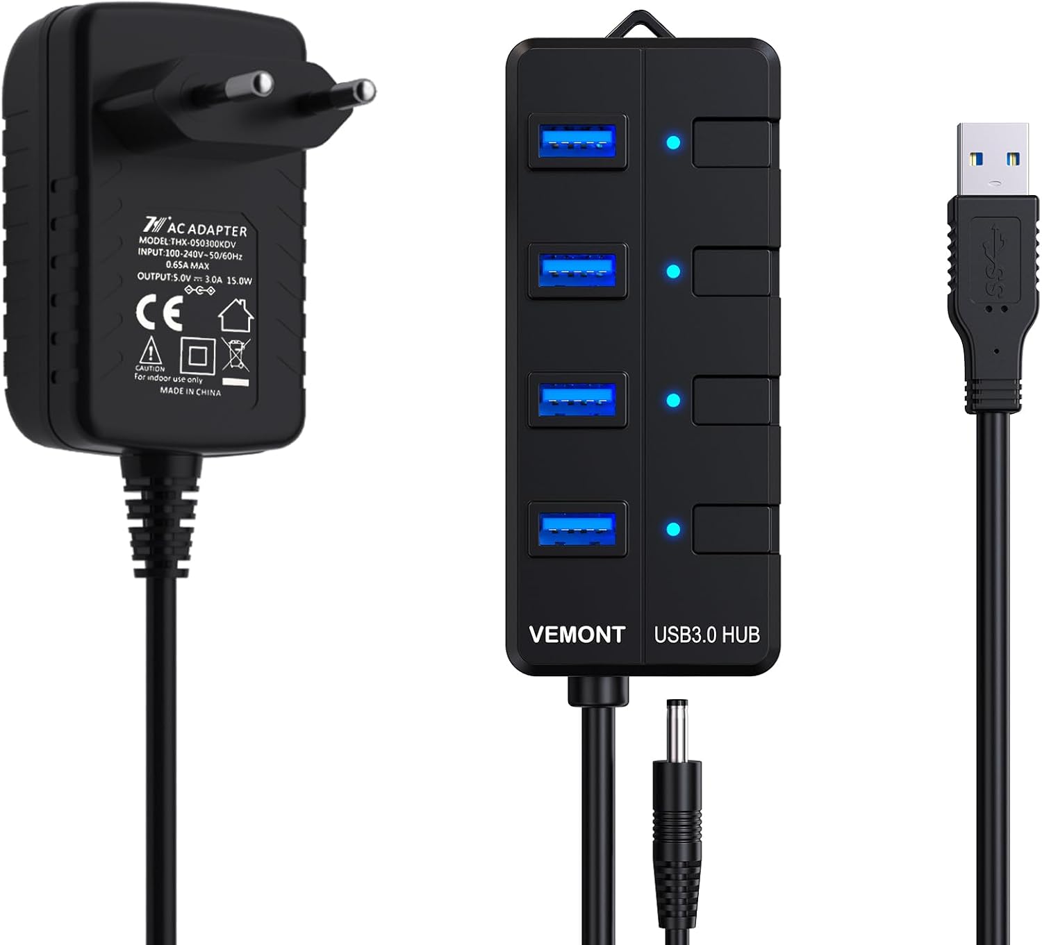 USB Hub mit Netzteil,VEMONT 4 Ports USB Verteiler Aktiv mit 5V/3A Adapter