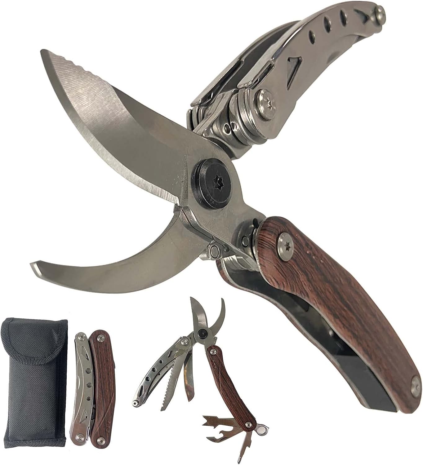 Gartenschere, Multifunktionale 7 in 1 Tragbare Schere mit Säge, Cutter, Rinde Schaufel, Edelstahl Bypass-Gartenschere mit abschließbaren Klingen für Draussen Camping, hiking, Reparieren