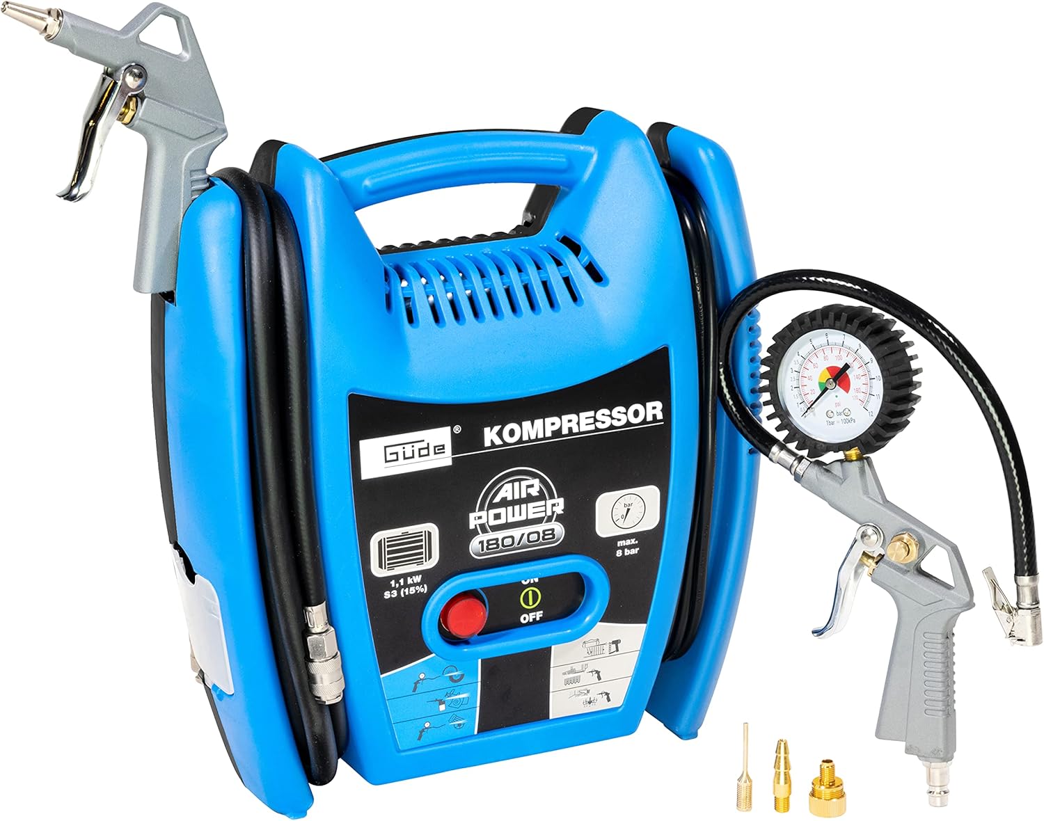 Güde Kompressor Airpower 180/08 (ölfrei & wartungsarm, Riemenantrieb, 8 bar, 1100 W, eff. Liefermenge 140 l/min, 2,5 m Druckluftschlauch mit Schnellkupplung, inkl. Zubehör)