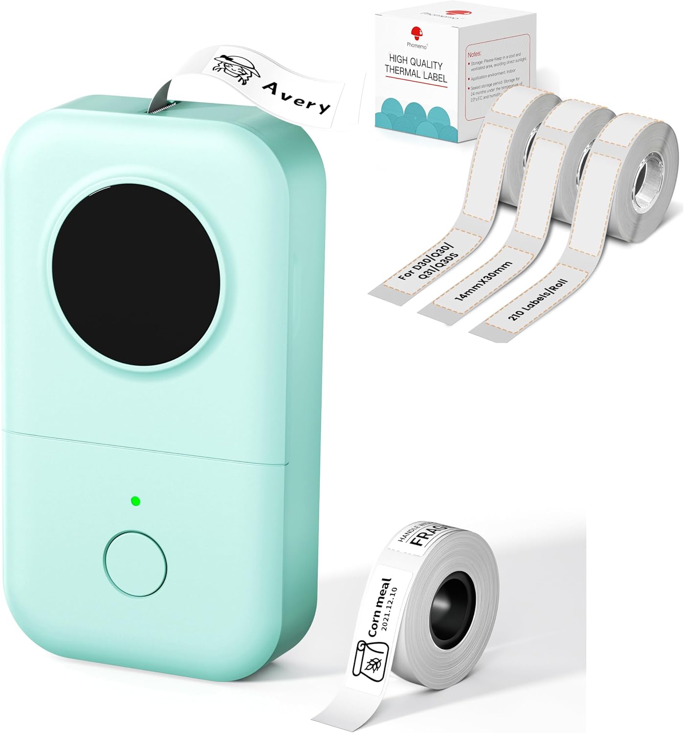 Phomemo D30 Etikettendrucker, Bluetooth Etikettiergerät für Büro, Schule, Zuhause, Küche, mit 3 Rollen Transparentes Etikett(14mm × 30mm) und 1 Rolle weißen Etiketten(12mm × 40mm)