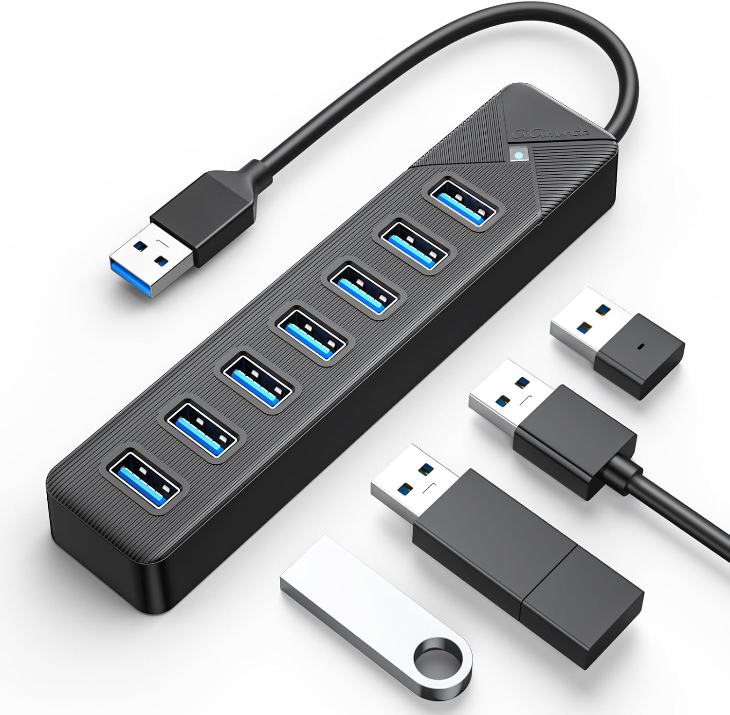 GiGimundo PG7U USB Hub 3.0, 7-Port USB Verteiler, 1M Lang Kabel mit 5V/3A Stromeingang, Mehrfach USB Stecker für PC Laptop, älteres MacBook, PS4, PS5, Flash Drive, Tastatur, Maus 10-BK-EU (100CM)