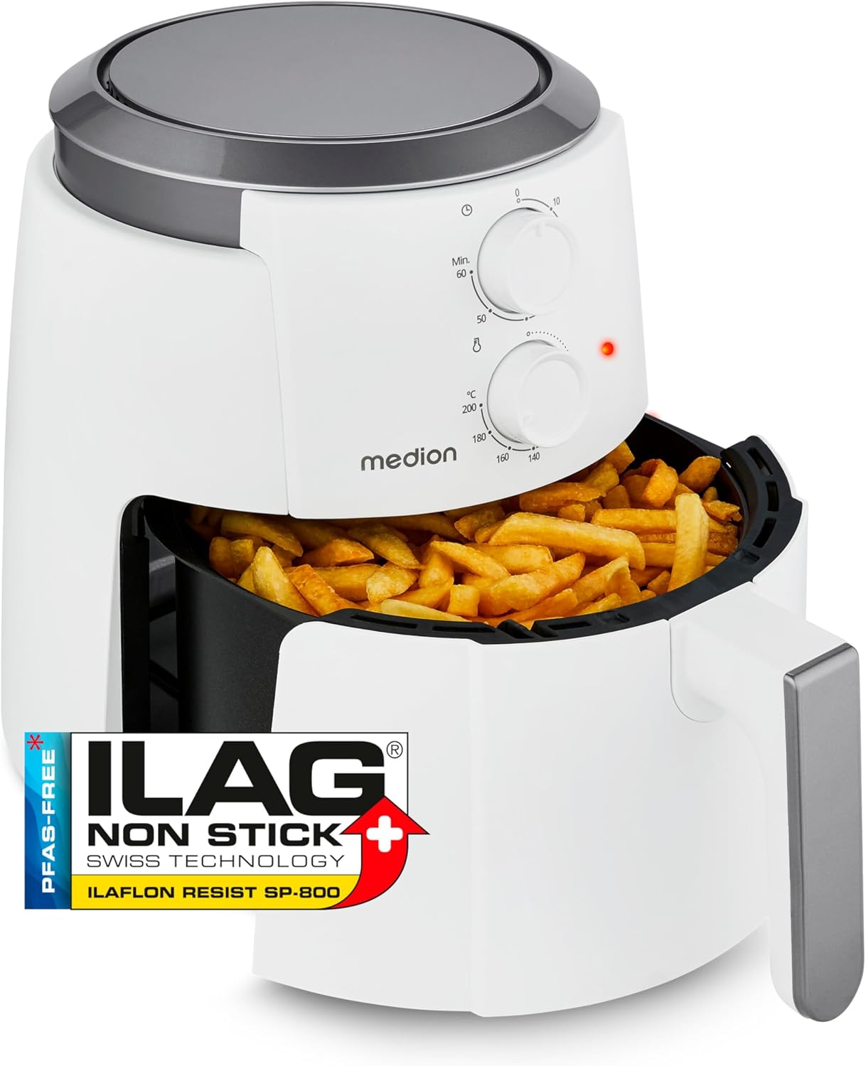 MEDION P30 L Heißluftfritteuse (4,7 Liter, Airfryer, 1500 Watt, einfache Bedienung, ölfreies Frittieren, 60 Min Timer, bis zu 200° C, Antihaft-Beschichtung, MD13020)