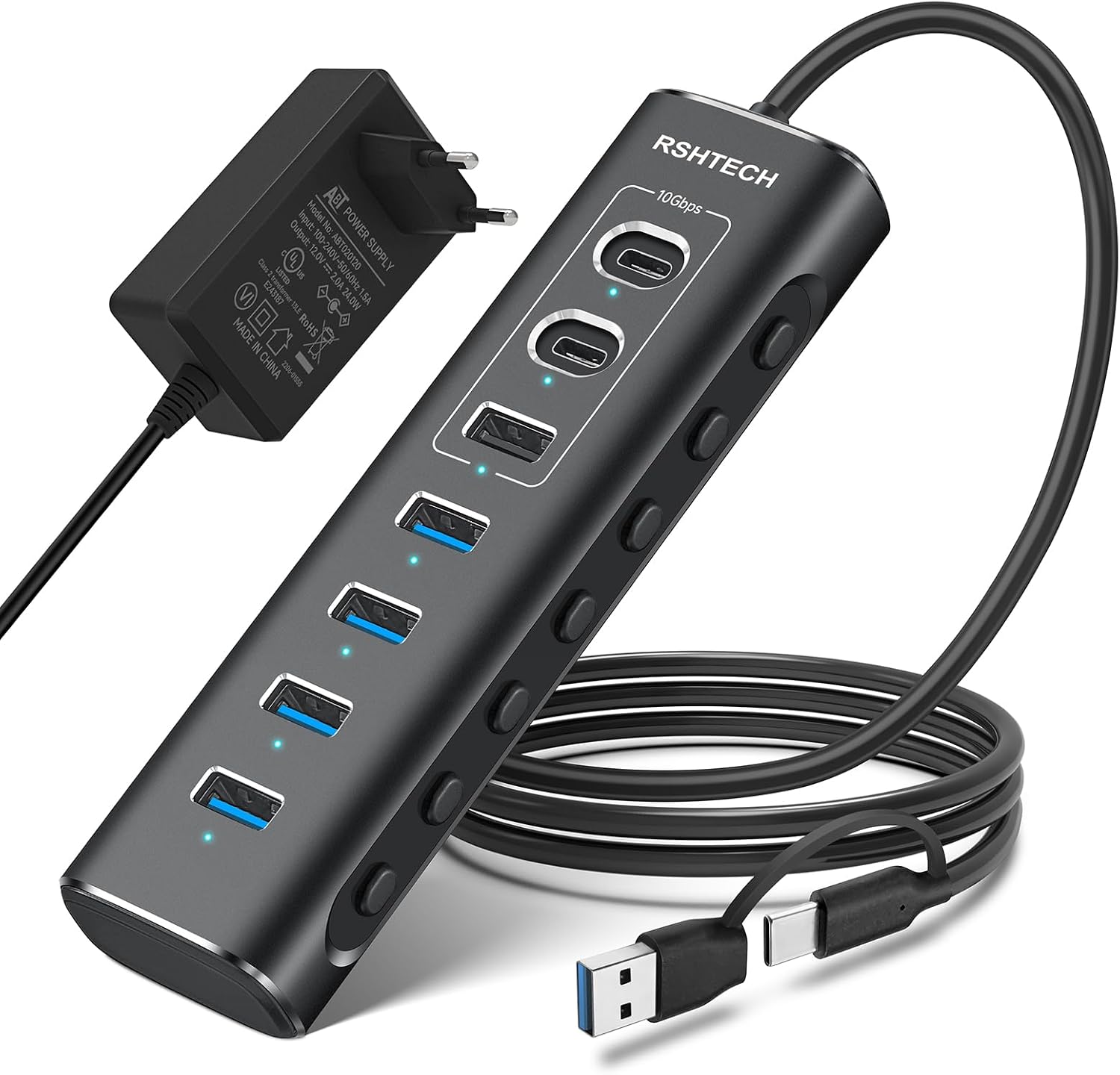 RSHTECH 7 Port USB C 3.0/3.2 Hub mit Netzteil & Anschluss-Steuerschalter