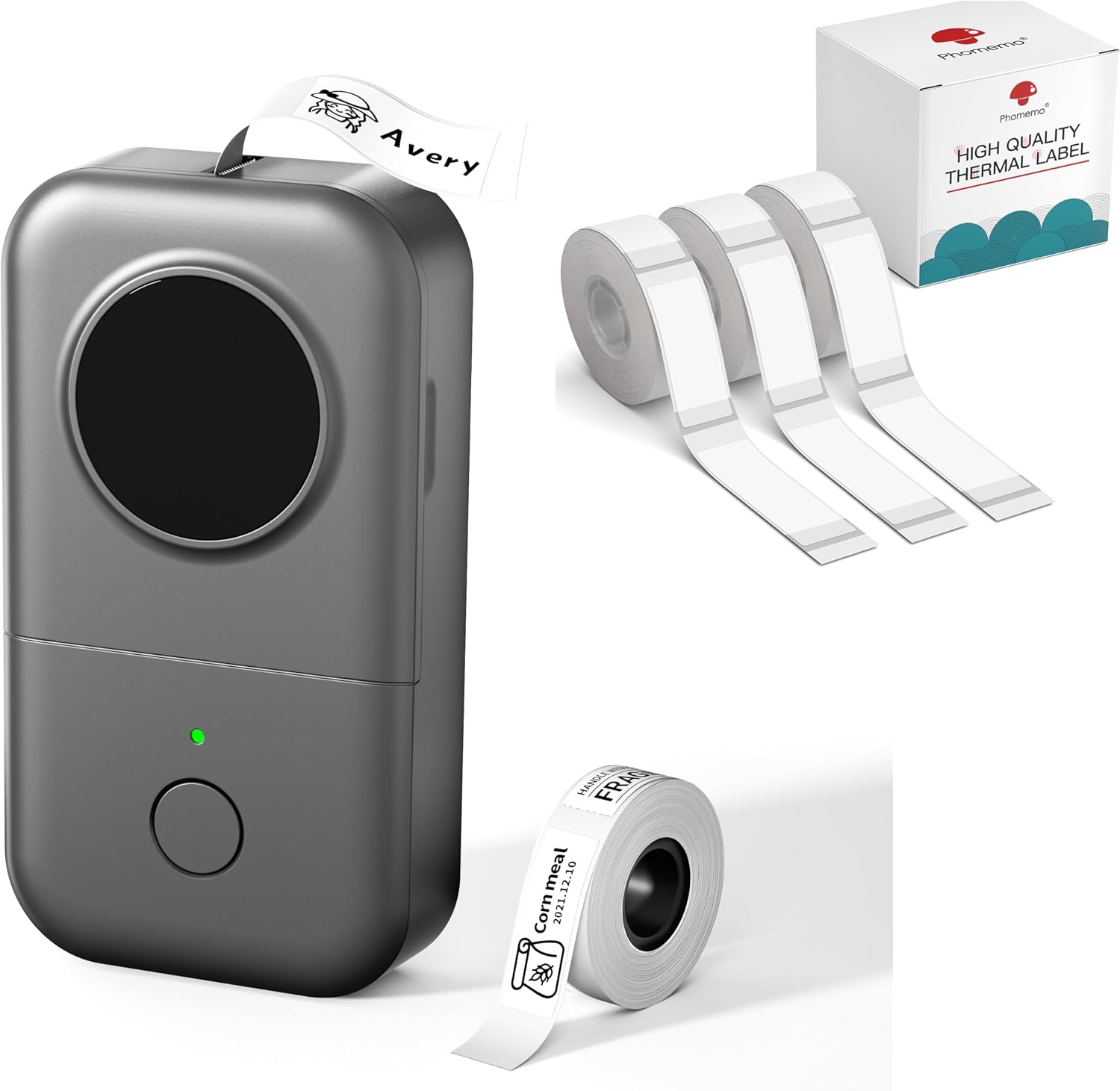 Phomemo D30 Etikettendrucker, Bluetooth Etikettiergerät für Büro, Schule, Zuhause, Küche, mit 3 Rollen Transparentes Etikett(14mm × 40mm) und 1 Rolle weißen Etiketten(12mm × 40mm)