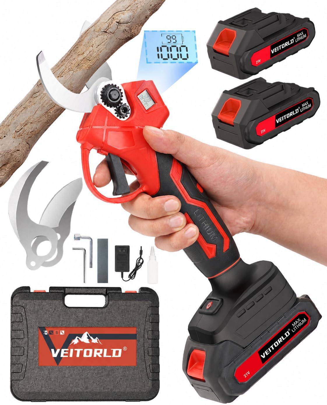 Veitorld Akku Astschere 35mm, Elektrische Gartenschere mit 2 Akkus 2000mAh