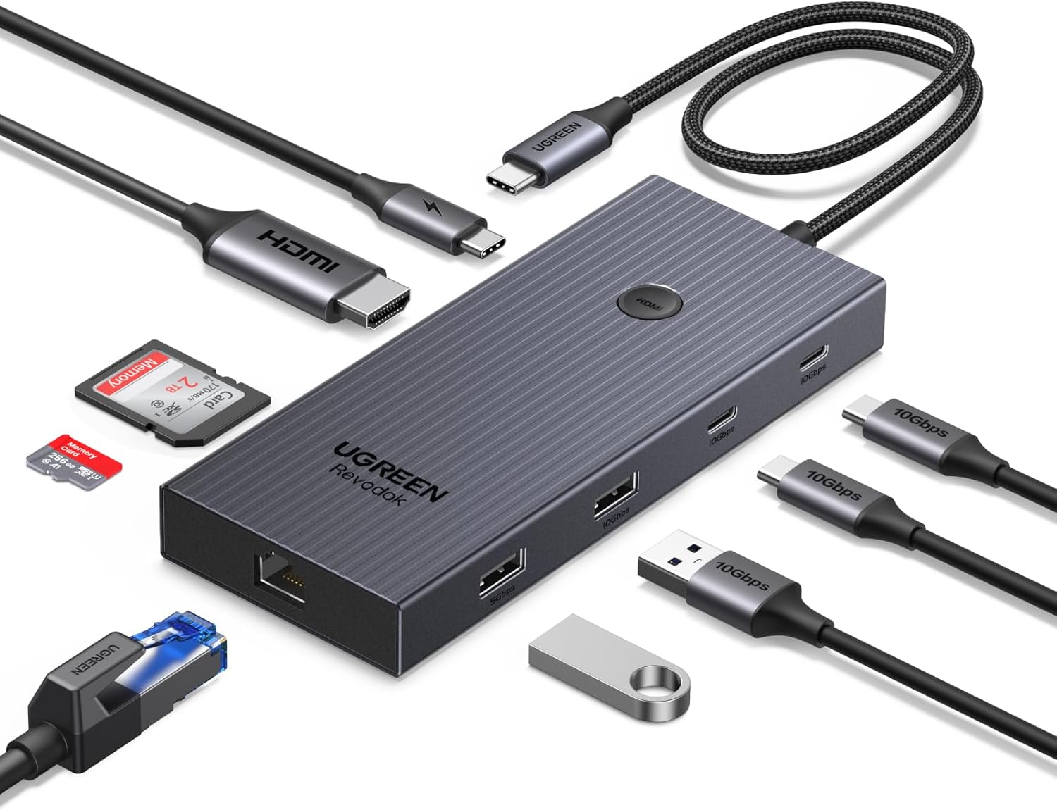 UGREEN 10Gbps USB C Hub, USB C Adapter mit 4K HDMI, Gigabit Ethernet