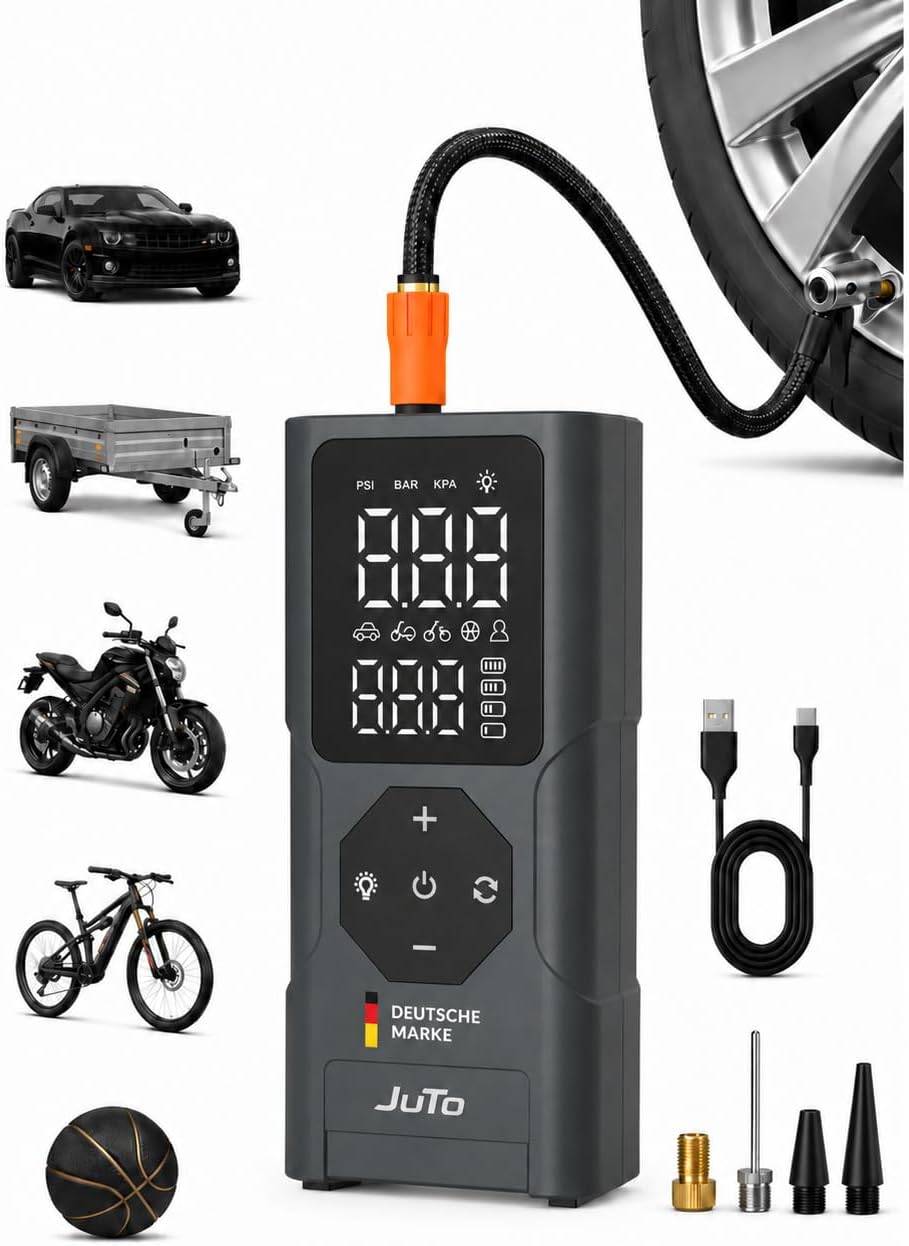 JuTo Air Pro X 100 – Elektrische Luftpumpe bis 10,3 Bar | Akku-Pumpe für Fahrrad, Auto & Motorrad