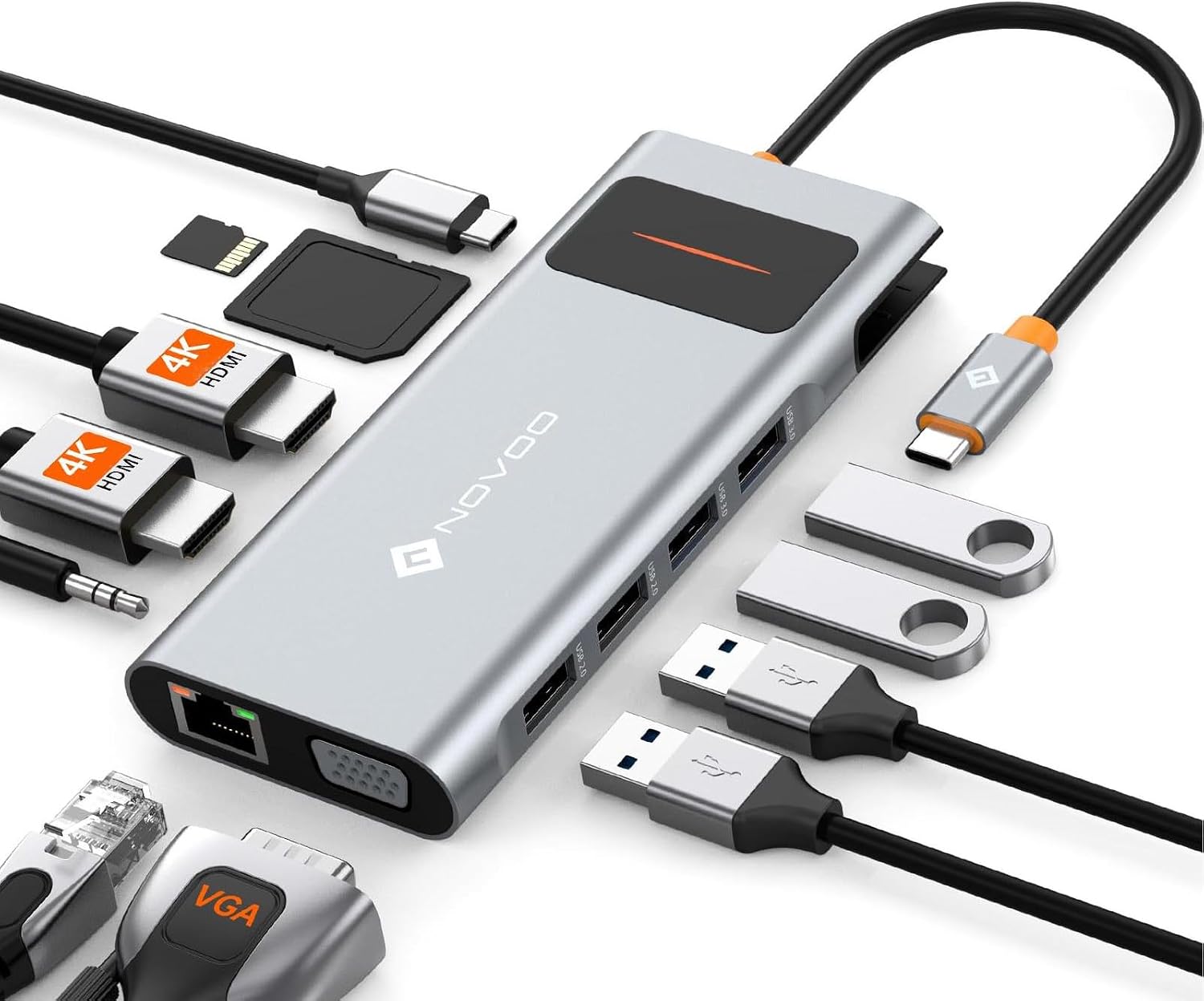 NOVOO USB C Docking Station 14-in-1 USB C Hub Triple Display mit 2 HDMI 4K@60Hz,DisplayPort 4K@120Hz,5USB-A+1USB-C Datenübertragung Gigabit Ethernet,100W PD,SD/TF,Audio für MacBook Dell HP(40cm Kabel)