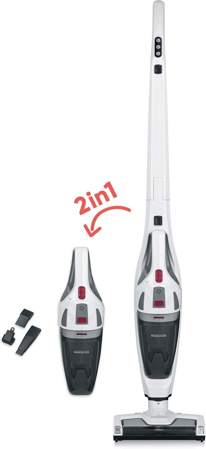SEVERIN Kabelloser Staubsauger mit Lithium-Ionen Akku, 2in1 mit integriertem Handstaubsauger, beutelloser Akku Staubsauger mit Möbelpinsel und Fugendüse, weiß/schwarz, HV 7173