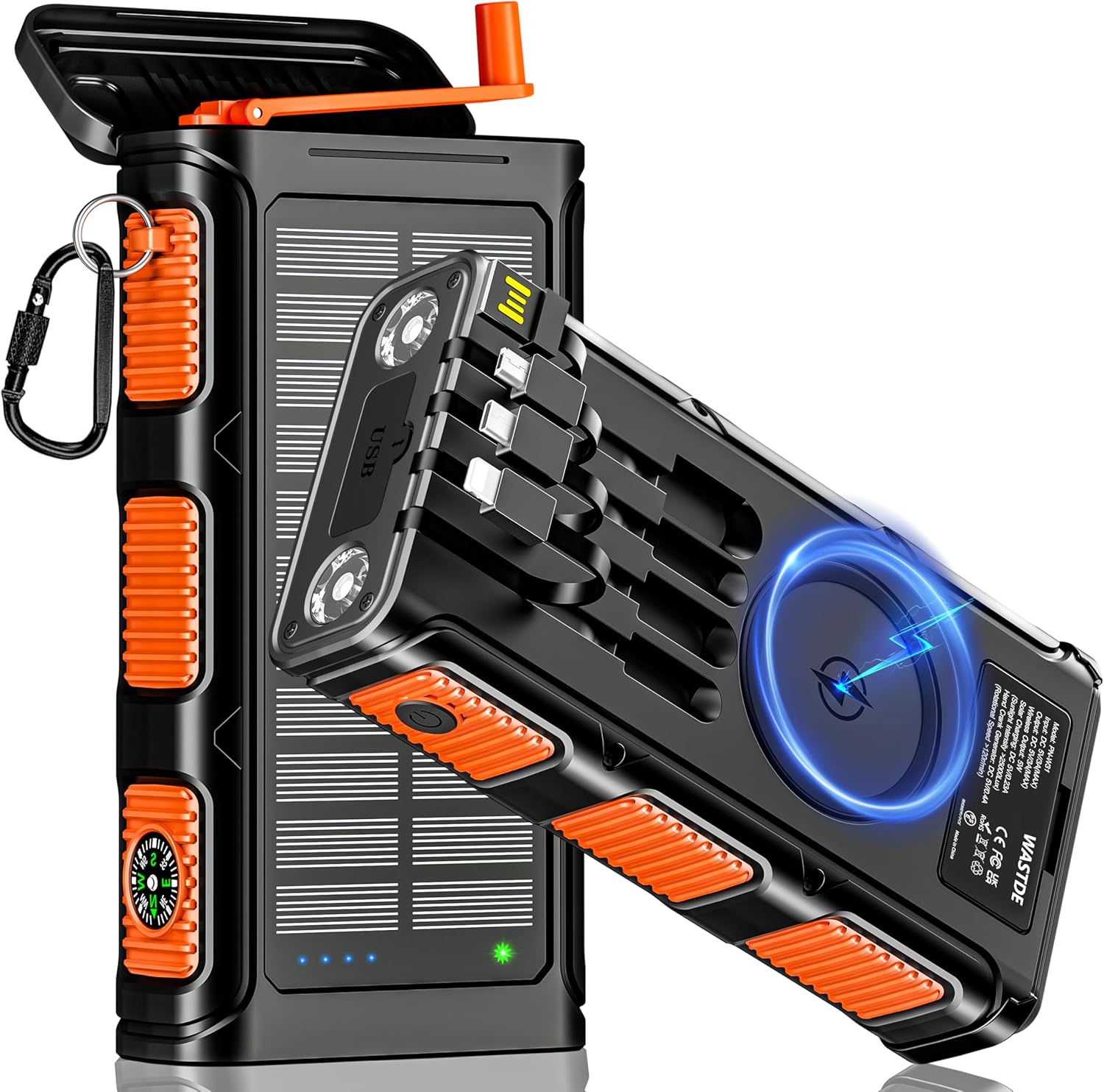 Wireless Solar Powerbank 26800mAh mit HandKurbel & 4 Kabel, Schnellladung
