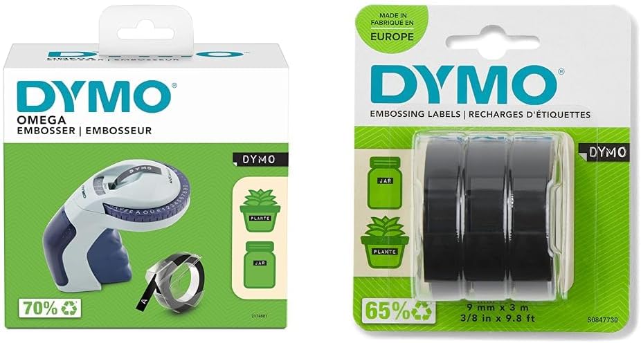 DYMO Omega Prägegerät | kleines Beschriftungsgerät & Original Prägeband | 3D weiß auf schwarz | 9 mm x 3 m
