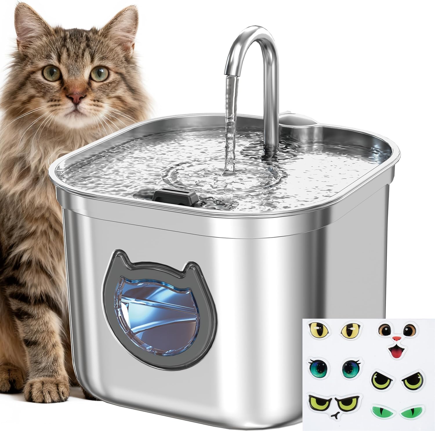 Katzenbrunnen Edelstahl 2.2L/74oz, Automatischer Trinkbrunnen für Katze mit Filter, Wasserbrunnen für Katzen, BPA-frei, Ultra-leise Pumpe, LED Licht & Sichtfenster, leicht zu reinigen