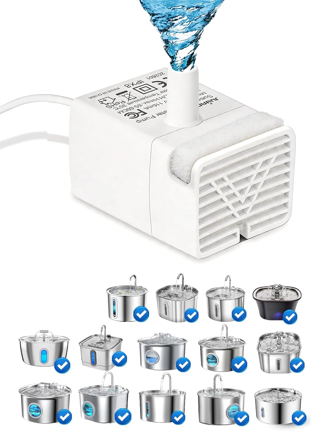 Katzenbrunnen Ersatzpumpe JY-830, extrem leise Tauchpumpe, IPX8 wasserdicht, 5V Niederspannung USB-Pumpe, kompatibel mit 2,2L/3,2L/4L/7L Edelstahl Trinkbrunnen für Katze und Hund