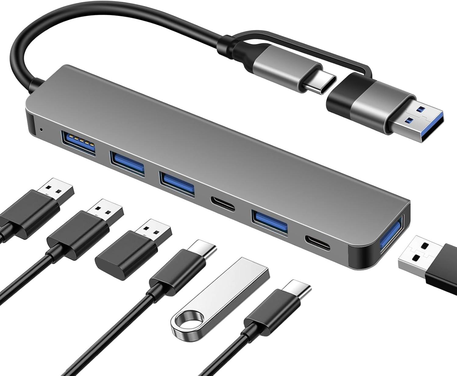 USB Hub 7-in-1 Dual-Stecker USB-A/USB-C mit 5 USB Anschlüssen