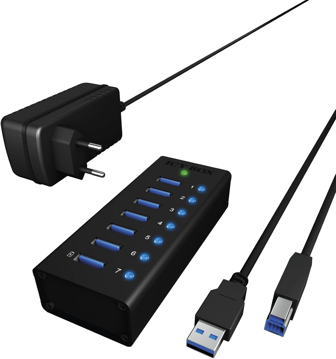 ICY BOX 7-Port USB 3.0 HUB aktiv mit Netzteil (12V/5A), 3 Ladeports, Wandmontage, Quick Charge 3.0, Aluminium, IB-HUB1703-QC3