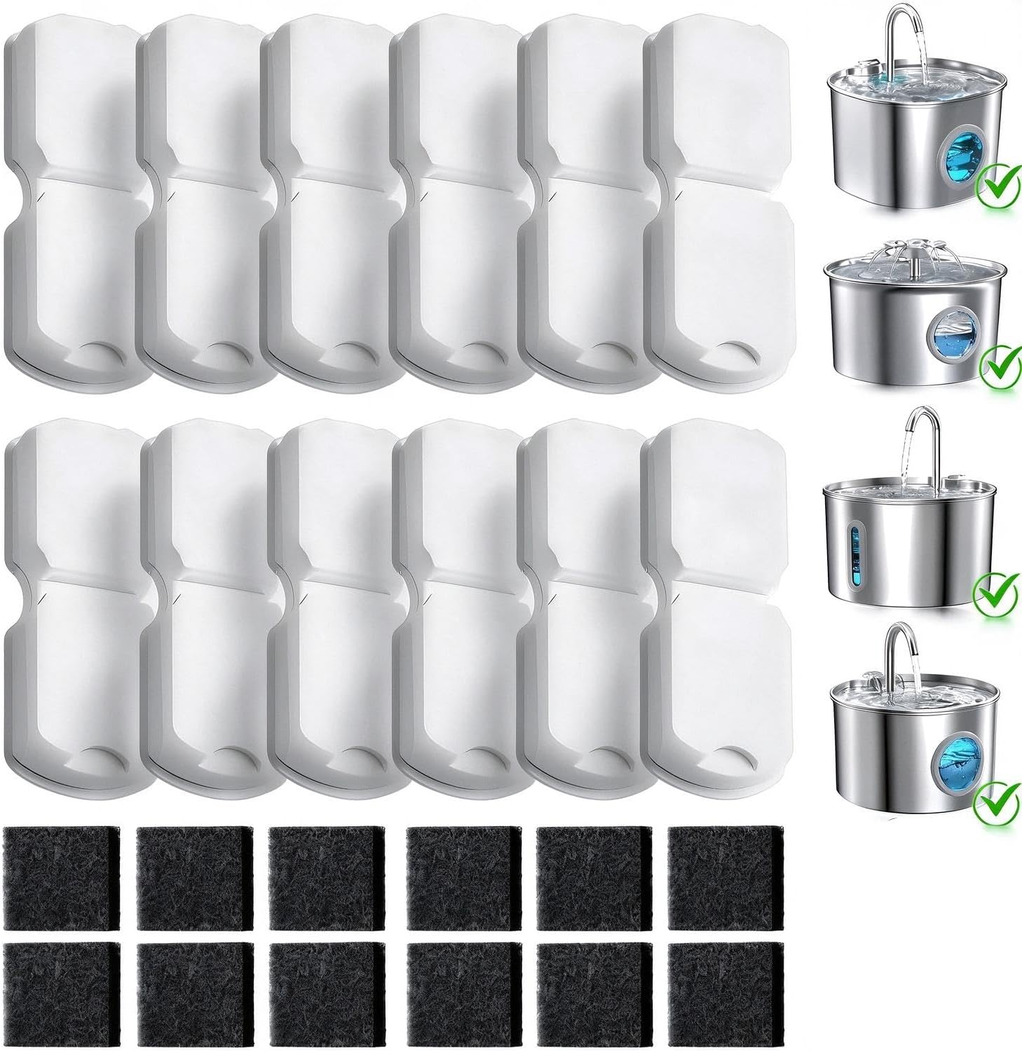 12 Stück Katzenbrunnen Filter für GIOTOHUN/ATMZIQXR/IHOUONE Katzenbrunnen Edelstahl - 12 Kohlefilter + 12 Schaumstofffilter, Erfüllt 6 Monate Ersatzbedarf
