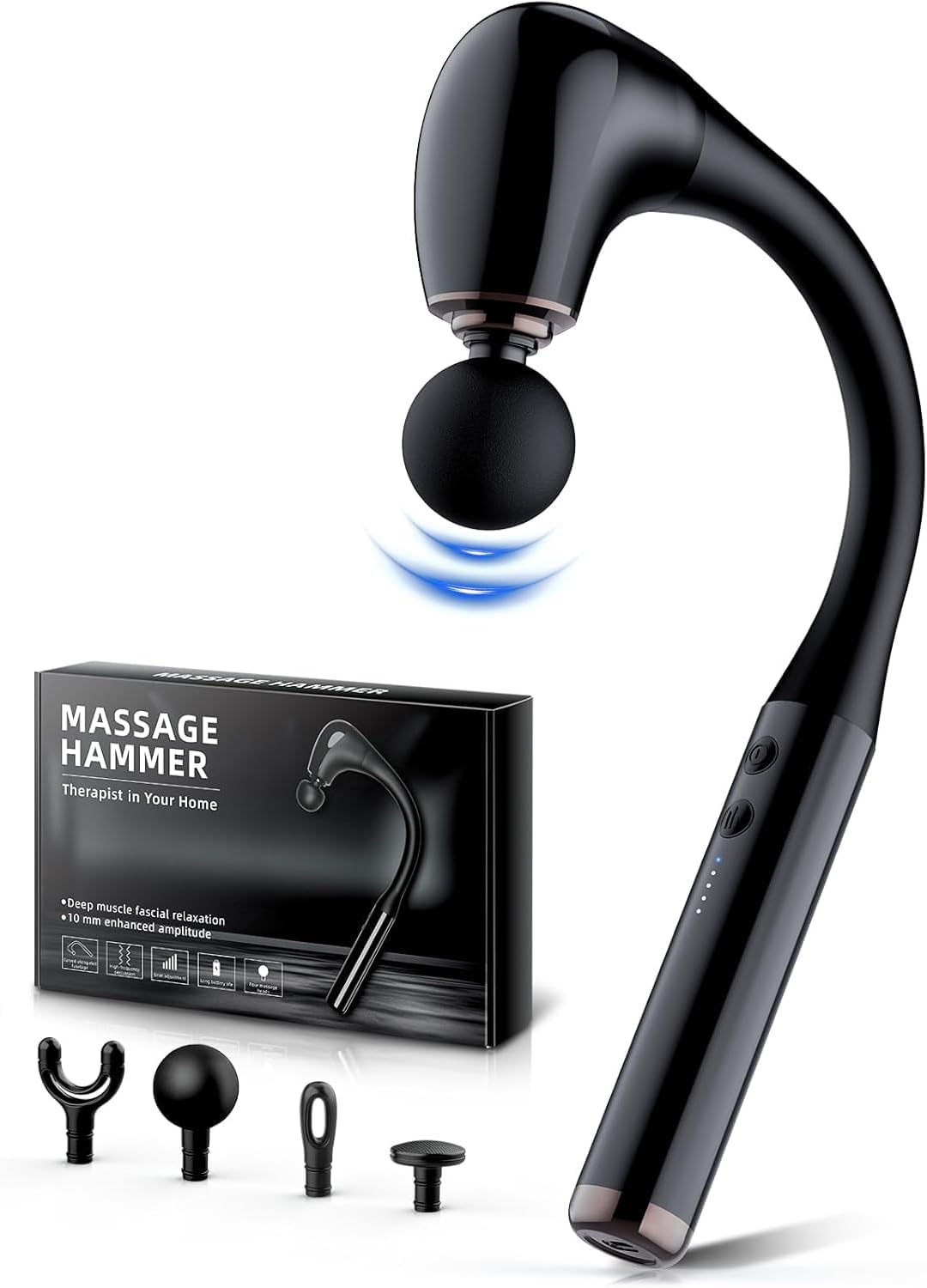 Massagepistole mit verbessertem Verlängerungsgriff, 10-mm-Massagepistole für tiefes Gewebe, 5 Geschwindigkeitsstufen, Rückenmassagegerät mit 4 Aufsätzen, tragbares Massagegerät für Muskeln/Nacken/Schu
