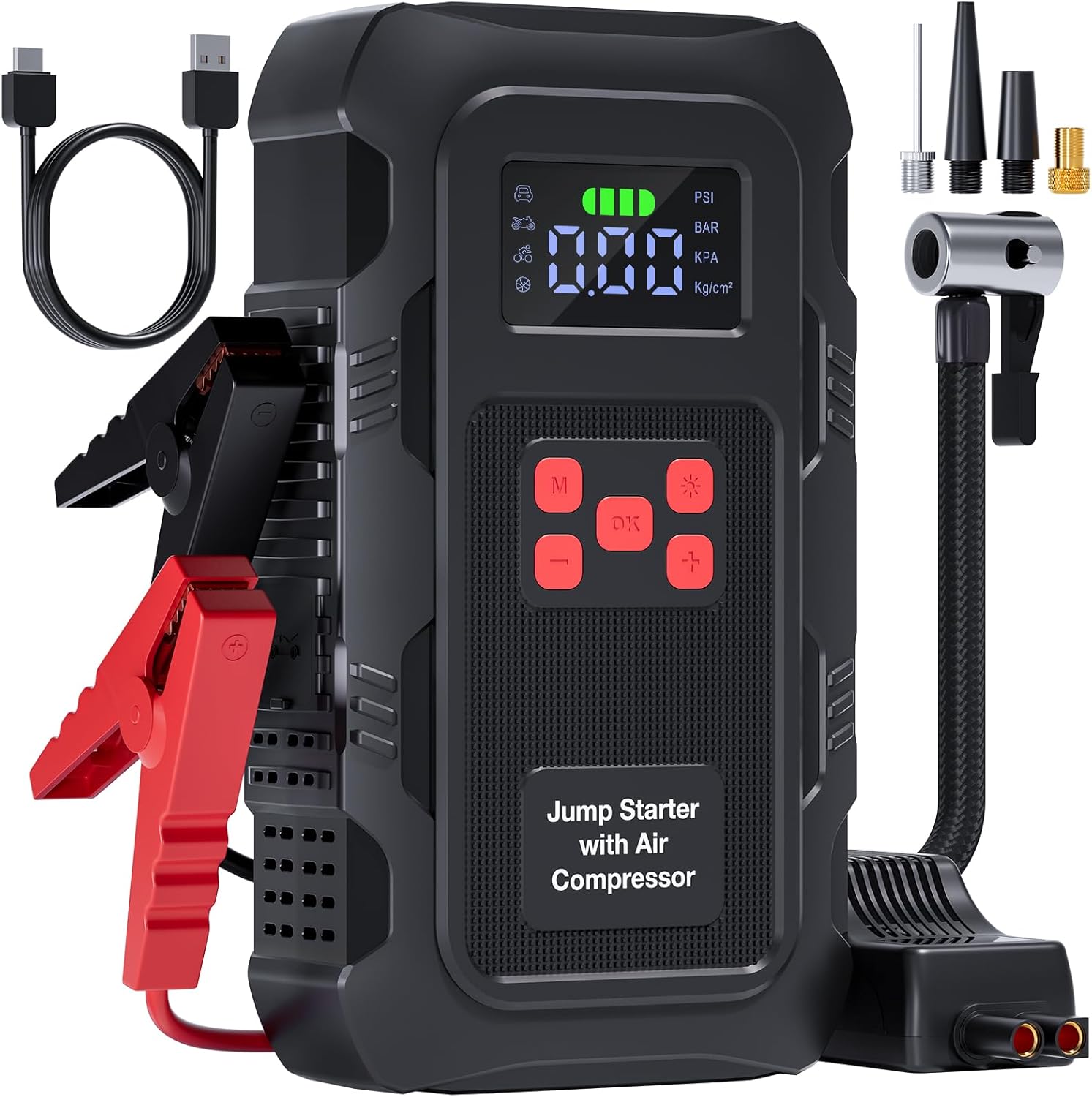 Povasee Starthilfe Powerbank für Pkw mit Kompressor 150 PSI, 9000A Starter Powerbank mit Elektrische Luftpumpe, 12V Auto Starthilfe (10L Benzin/8L Diesel), Jump Starter mit Taschenlampe (Rot)